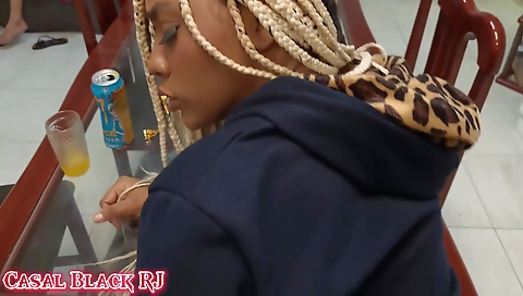 Hot ebony chick in black stockings is watching her black lover