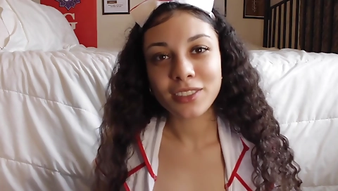 Busty brunette nurse gets her pussy filled with a dildo