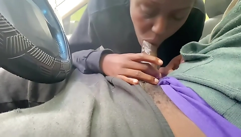 Sexy ebony mature woman in outdoor clothes deep throats