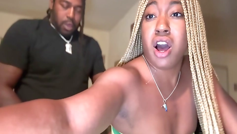 Ebony babe with big tits and tattooed pussy gets her dick