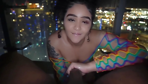 Ebony hottie with a round ass and a tattoo gets fucked outdoors