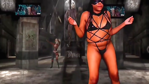 Ebony brunette in lingerie is stretching her hairy pussy