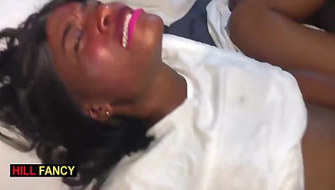 Ebony hairy ebony brunette with big hairy pussy gets fucked