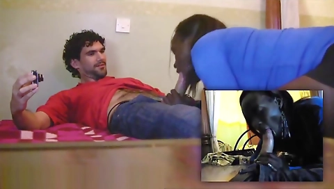 Ebony babe gets creamed by a tourist in the kitchen