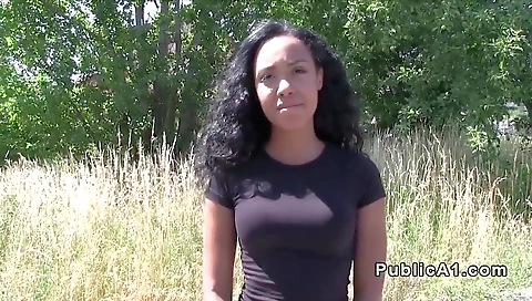 Ebony brunette gets fucked by a black cock in public