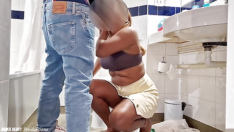 Sexy ebony is waiting for a plumber in her hotel bathroom