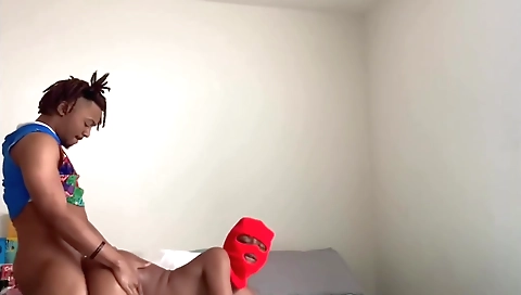 Ebony chick rides a big cock from behind from behind