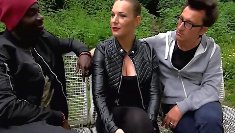 Ebony gets cum on her face and gets fucked in the woods