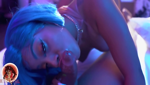 Ebony babe with a tattooed pussy gets her mouth sucked