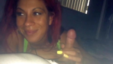 Busty brunette babe gets a red head man's dick in her mouth