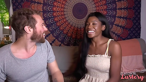 Ebony brunette with natural breasts and hairy pussy